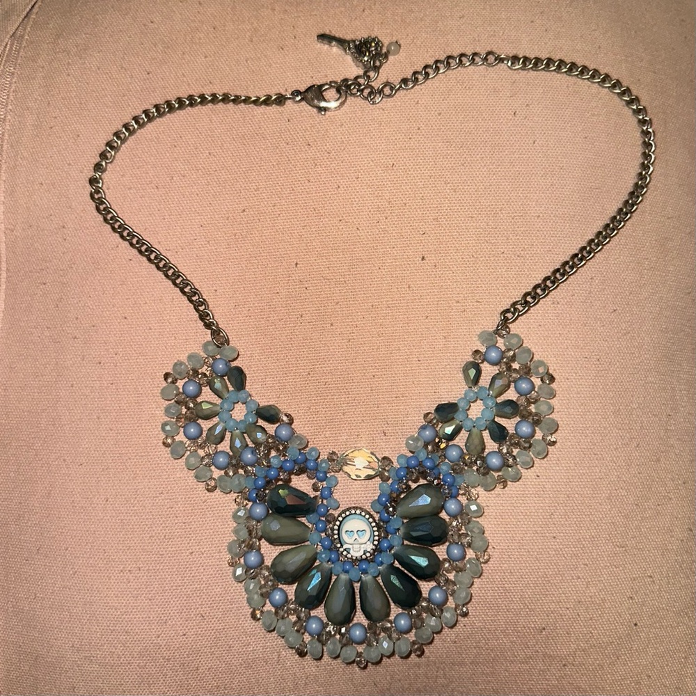 Betsey Johnson Lady Lock Skull Blue Beaded Vintage Necklace Large - Picture 5 of 13